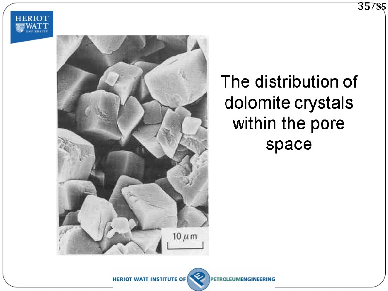 The distribution of dolomite crystals within the pore space 35/85